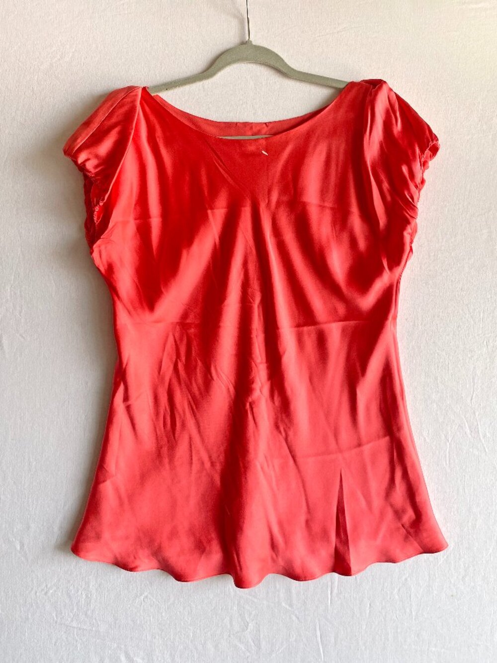 Women's Coral Red Silky Double Layer Blouse Cap Sleeve Scoop Neck Size S
